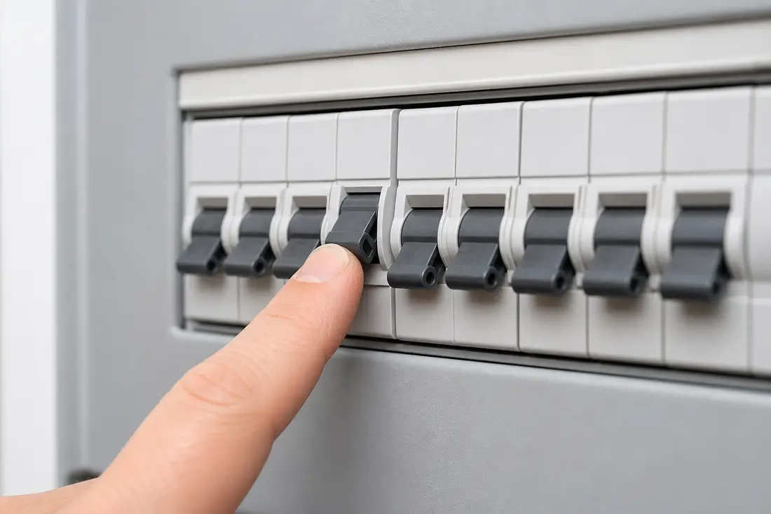 Main gantée réenclenchant un disjoncteur divisionnaire dans un tableau électrique résidentiel suisse