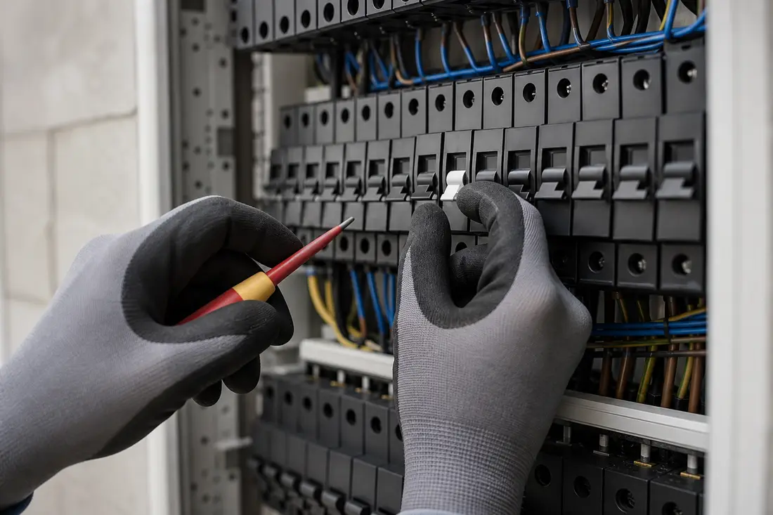 Électricien ganté inspectant un tableau électrique dont un disjoncteur s'est déclenché dans un local technique en Suisse romande