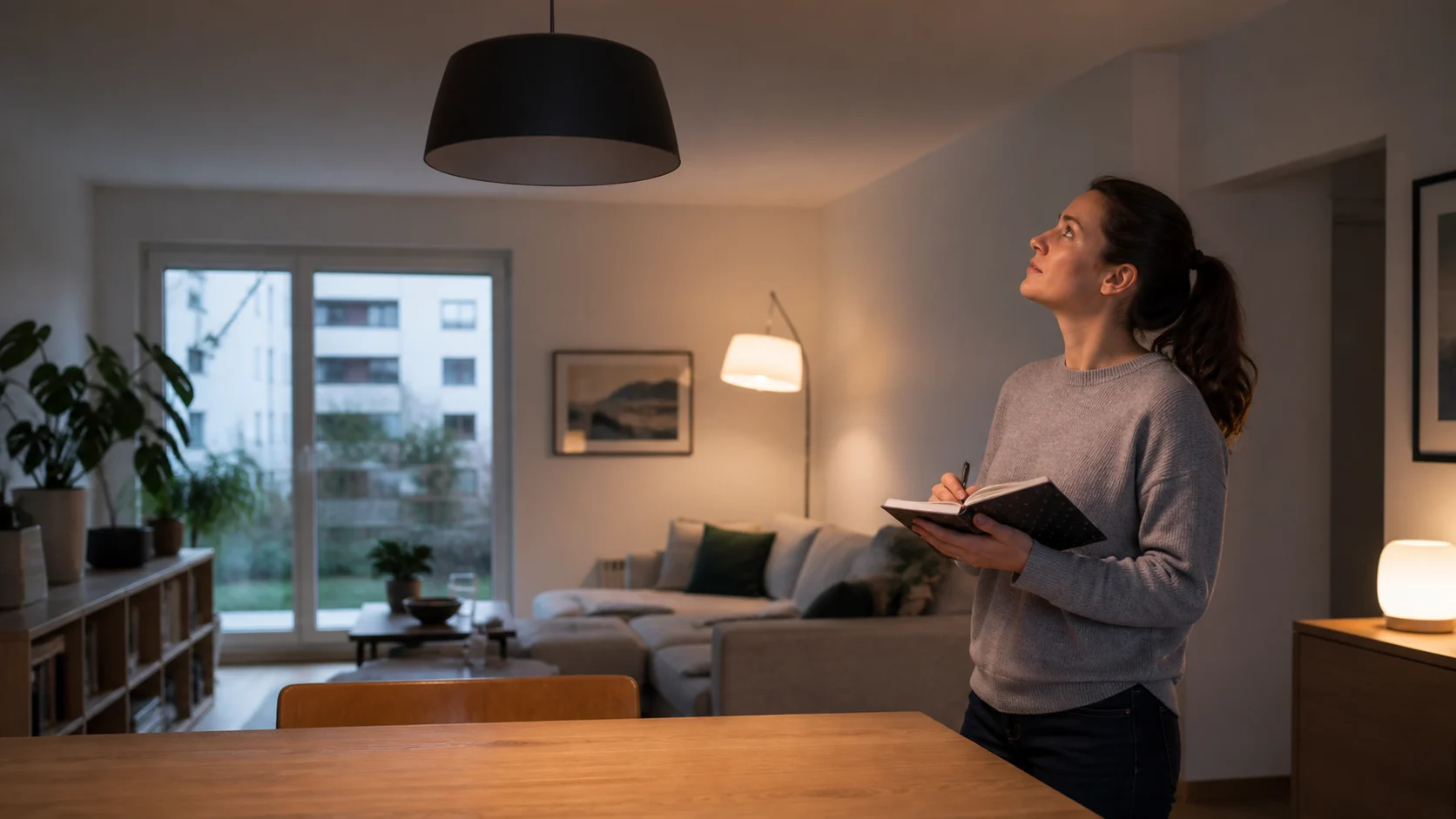 Une résidente observe un éclairage éteint dans une pièce tout en gardant ses distances avec l’installation électrique.